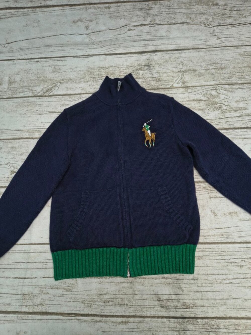 Polo Ralph Lauren Navy Green Full Zip Knit Sweater Youth Boys Size 7